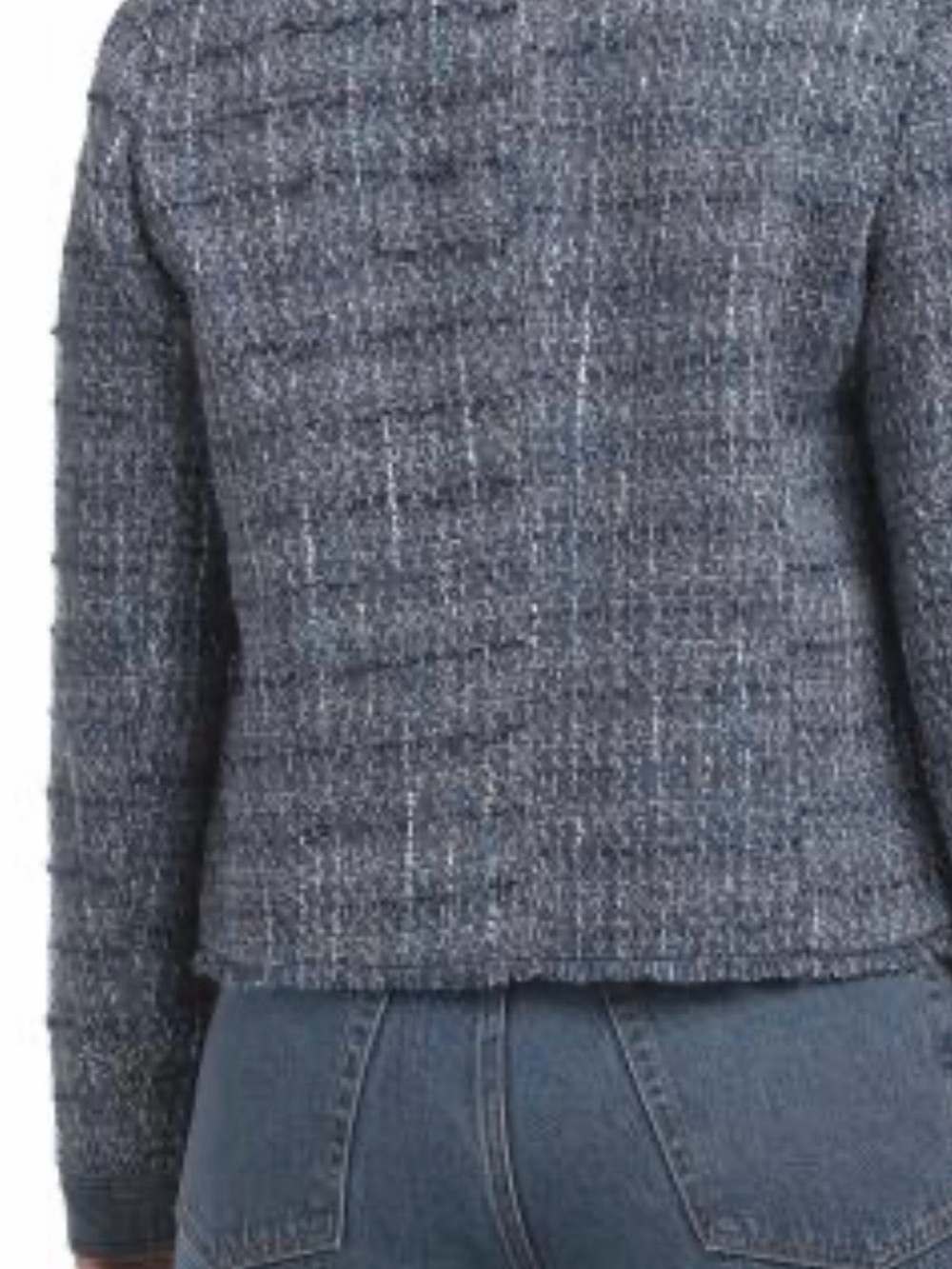 #645 ecru Mixed Media Textured Blue Tweed Collarless Jacket with denim trim - Picture 2 of 12